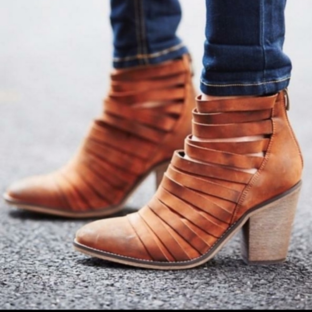 Free People Hybrid strappy cognac leather heeled ankle boots women's
